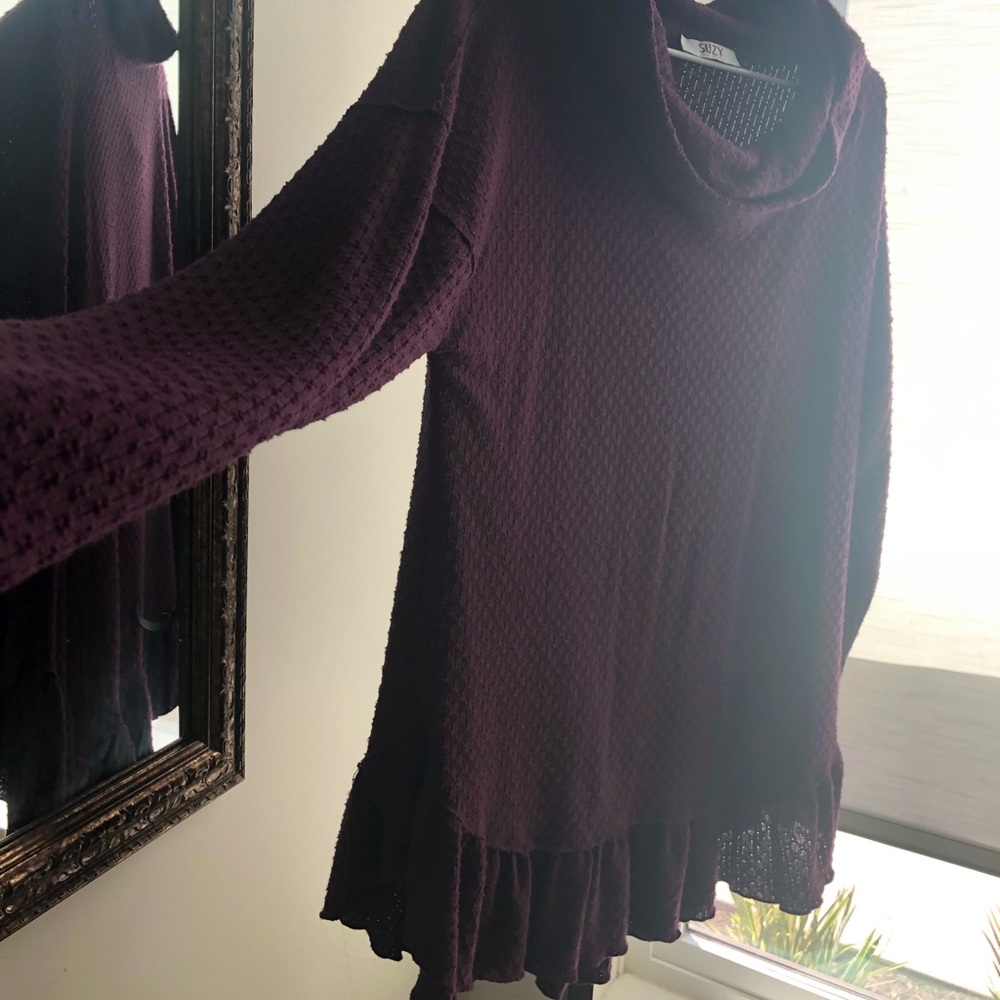 Purple Suzy Shier cowl neck ruffle bottom top